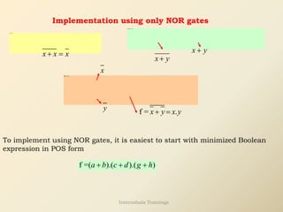 Implementation using only NOR gates
x x x
+ =
x y
+
x y
+
x
y f = .
x y x y
+ =
To implement using NOR gates, it is easiest to start with minimized Boolean
expression in POS form
f =( ).( ).( )
a b c d g h
+ + +
Internshala Trainings
 