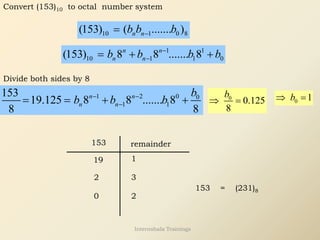 Convert (153)10 to octal number system
10 1 0 8
(153) ( ....... )
n n
b b b
−
=
1 1
10 1 1 0
(153) 8 8 ....... 8
n n
n n
b b b b
−
−
= + +
Divide both sides by 8
1 2 0 0
1 1
153
19.125 8 8 ....... 8
8 8
n n
n n
b
b b b
− −
−
= = + + 0
0.125
8
b
 = 0 1
b
 =
153
19 1
remainder
2 3
0 2
153 = (231)8
Internshala Trainings
 