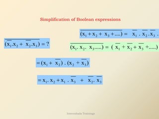 Simplification of Boolean expressions
1 2 2 3
(x .x x .x ) ?
+ =
1 2 3 1 2 3
(x x x ....) x . x .x .
+ + + =
1 2 3 1 2 3
(x . x . x .....) ( x + x x +.....)
= +
1 2 2 3
(x x ) . (x + x )
= +
1 2 1 3 2 3
x . x x . x x . x
= + +
Internshala Trainings
 