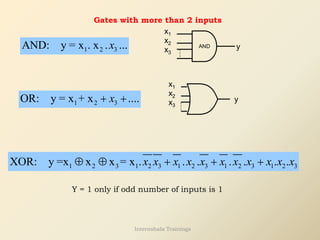 Gates with more than 2 inputs
1 2 3
AND: y = x . x . ...
x y
AND
x1
x2
x3
1 2 3
OR: y = x + x ....
x
+ +
x1
x2
x3
y
1 2 3 1 2 3 1 2 3 1 2 3 1 2 3
XOR: y =x x x = x . . . . . . .
x x x x x x x x x x x
  + + +
Y = 1 only if odd number of inputs is 1
Internshala Trainings
 