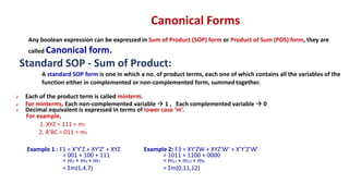 Canonical Forms
Any boolean expression can be expressed in Sum of Product (SOP) form or Product of Sum (POS) form, they are
called Canonical form.
Standard SOP - Sum of Product:
A standard SOP form is one in which a no. of product terms, each one of which contains all the variables of the
function either in complemented or non-complemented form, summed together.
➢ Each of the product term is called minterm.
➢ For minterms, Each non-complemented variable → 1 , Each complemented variable → 0
➢ Decimal equivalent is expressed in terms of lower case ‘m’.
For example,
1. XYZ = 111 = m7
2. A’BC = 011 = m3
Example 1 : F1 = X’Y’Z + XY’Z’ + XYZ
= 001 + 100 + 111
= m1 + m4 + m7
= Σm(1,4,7)
Example 2: F3 = XY’ZW + XYZ’W’ + X’Y’Z’W’
= 1011 + 1100 + 0000
= m11 + m12 + m0
= Σm(0,11,12)
 