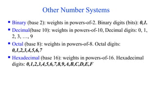 Other Number Systems
▪ Binary (base 2): weights in powers-of-2. Binary digits (bits): 0,1.
▪ Decimal(base 10): weights in powers-of-10, Decimal digits: 0, 1,
2, 3, …, 9
▪ Octal (base 8): weights in powers-of-8. Octal digits:
0,1,2,3,4,5,6,7
▪ Hexadecimal (base 16): weights in powers-of-16. Hexadecimal
digits: 0,1,2,3,4,5,6,7,8,9,A,B,C,D,E,F
 