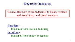 Electronic Translators
Devices that convert from decimal to binary numbers
and from binary to decimal numbers.
Encoders -
translates from decimal to binary
Decoders -
translates from binary to decimal
41
 