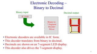 Binary-to-
7-Segment
Decoder/
Driver
Electronic Decoding –
Binary to Decimal
Binary input
0 0 0 0
Decimal output
0 0 0 1
0 0 1 0
0 0 1 1
0 1 0 0
• Electronic decoders are available in IC form.
• This decoder translates from binary to decimal.
• Decimals are shown on an 7-segment LED display.
• This decoder also drives the 7-segment display.
43
 