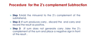 Procedure for the 2’s complement Subtraction
 Step 1:Add the minuend to the 2’s complement of the
subtrahend.
 Step 2 :If sum produces carry , discard the end carry and
record the result as positive.
 Step 3 :If sum does not generate carry ,take the 2’s
complement of the sum and place a negative sign in front
of the result .
 