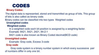 CODES
Binary Codes:
The digital data is represented, stored and transmitted as group of bits. This group
of bits is also called as binary code.
Binary codes can be classified into two types Weighted codes
Unweighted codes
Weighted codes
In a weighted code each bit position is assigned by a weighting factor.
Example: 8421, 5421, 2421, 84-2-1
8421 code is also known as Binary Coded decimal(BCD code)
Unweighted codes
Example: Gray code, Excess 3-code
Gray code
Gray code system is a binary number system in which every successive pair
of numbers differ in only one bit.
 