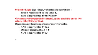 Symbolic Logic uses values, variables and operations :
− True is represented by the value 1.
− False is represented by the value 0.
Variables are represented by letters( A) and can have one of two
values, either 0 (A’)or 1(A).
Operations are functions of one or more variables.
− AND is represented by X.Y
− OR is represented by X + Y
− NOT is represented by X’
.
 