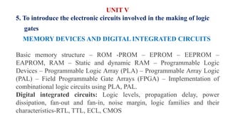 UNIT V
5. To introduce the electronic circuits involved in the making of logic
gates
MEMORY DEVICES AND DIGITAL INTEGRATED CIRCUITS
Basic memory structure – ROM -PROM – EPROM – EEPROM –
EAPROM, RAM – Static and dynamic RAM – Programmable Logic
Devices – Programmable Logic Array (PLA) – Programmable Array Logic
(PAL) – Field Programmable Gate Arrays (FPGA) – Implementation of
combinational logic circuits using PLA, PAL.
Digital integrated circuits: Logic levels, propagation delay, power
dissipation, fan-out and fan-in, noise margin, logic families and their
characteristics-RTL, TTL, ECL, CMOS
 