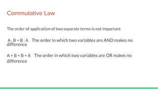 Commutative Law
The order of application of two separate terms is not important
A . B = B . A The order in which two variables are AND makes no
difference
A + B = B + A The order in which two variables are OR makes no
difference
 