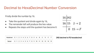 Decimal to HexaDecimal Number Conversion
Firstly divide the number by 16.
● Take the quotient and divide again by 16,
● The remainder left will produce the hex value.
● Repeats the steps until the quotient has become 0.
242 decimal is F2 hexadecimal
 
