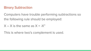 Binary Subtraction
Computers have trouble performing subtractions so
the following rule should be employed:
X – X is the same as X + -X”
This is where two’s complement is used.
 
