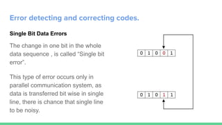 Error detecting and correcting codes.
Single Bit Data Errors
The change in one bit in the whole
data sequence , is called “Single bit
error”.
This type of error occurs only in
parallel communication system, as
data is transferred bit wise in single
line, there is chance that single line
to be noisy.
 
