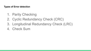 Types of Error detection
1. Parity Checking
2. Cyclic Redundancy Check (CRC)
3. Longitudinal Redundancy Check (LRC)
4. Check Sum
 