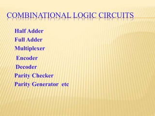COMBINATIONAL LOGIC CIRCUITS
Half Adder
Full Adder
Multiplexer
Encoder
Decoder
Parity Checker
Parity Generator etc
 