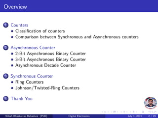 Overview
1 Counters
Classification of counters
Comparison between Synchronous and Asynchronous counters
2 Asynchronous Counter
2-Bit Asynchronous Binary Counter
3-Bit Asynchronous Binary Counter
Asynchronous Decade Counter
3 Synchronous Counter
Ring Counters
Johnson/Twisted-Ring Counters
4 Thank You
Nilesh Bhaskarrao Bahadure (PhD) Digital Electronics July 1, 2021 2 / 29
 