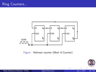 Ring Counters...
Figure : Hohnson counter (Mod -6 Counter)
Nilesh Bhaskarrao Bahadure (PhD) Digital Electronics July 1, 2021 26 / 29
 