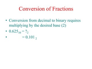 Conversion of Fractions
• Conversion from decimal to binary requires
multiplying by the desired base (2)
• 0.62510 = ?2
• = 0.101 2
 