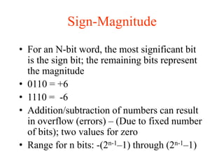 Sign-Magnitude
• For an N-bit word, the most significant bit
is the sign bit; the remaining bits represent
the magnitude
• 0110 = +6
• 1110 = -6
• Addition/subtraction of numbers can result
in overflow (errors) – (Due to fixed number
of bits); two values for zero
• Range for n bits: -(2n-1–1) through (2n-1–1)
 
