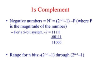 1s Complement
• Negative numbers = N’ = (2n-1–1) –P (where P
is the magnitude of the number)
– For a 5-bit system, -7 = 11111
-00111
11000
• Range for n bits:-(2n-1–1) through (2n-1–1)
 