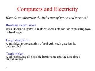 43
Computers and Electricity
How do we describe the behavior of gates and circuits?
Boolean expressions
Uses Boolean algebra, a mathematical notation for expressing two-
valued logic
Logic diagrams
A graphical representation of a circuit; each gate has its
own symbol
Truth tables
A table showing all possible input value and the associated
output values
 