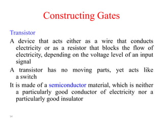 54
Constructing Gates
Transistor
A device that acts either as a wire that conducts
electricity or as a resistor that blocks the flow of
electricity, depending on the voltage level of an input
signal
A transistor has no moving parts, yet acts like
a switch
It is made of a semiconductor material, which is neither
a particularly good conductor of electricity nor a
particularly good insulator
 