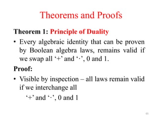 65
Theorems and Proofs
Theorem 1: Principle of Duality
• Every algebraic identity that can be proven
by Boolean algebra laws, remains valid if
we swap all ‘+’ and ‘·’, 0 and 1.
Proof:
• Visible by inspection – all laws remain valid
if we interchange all
‘+’ and ‘·’, 0 and 1
 
