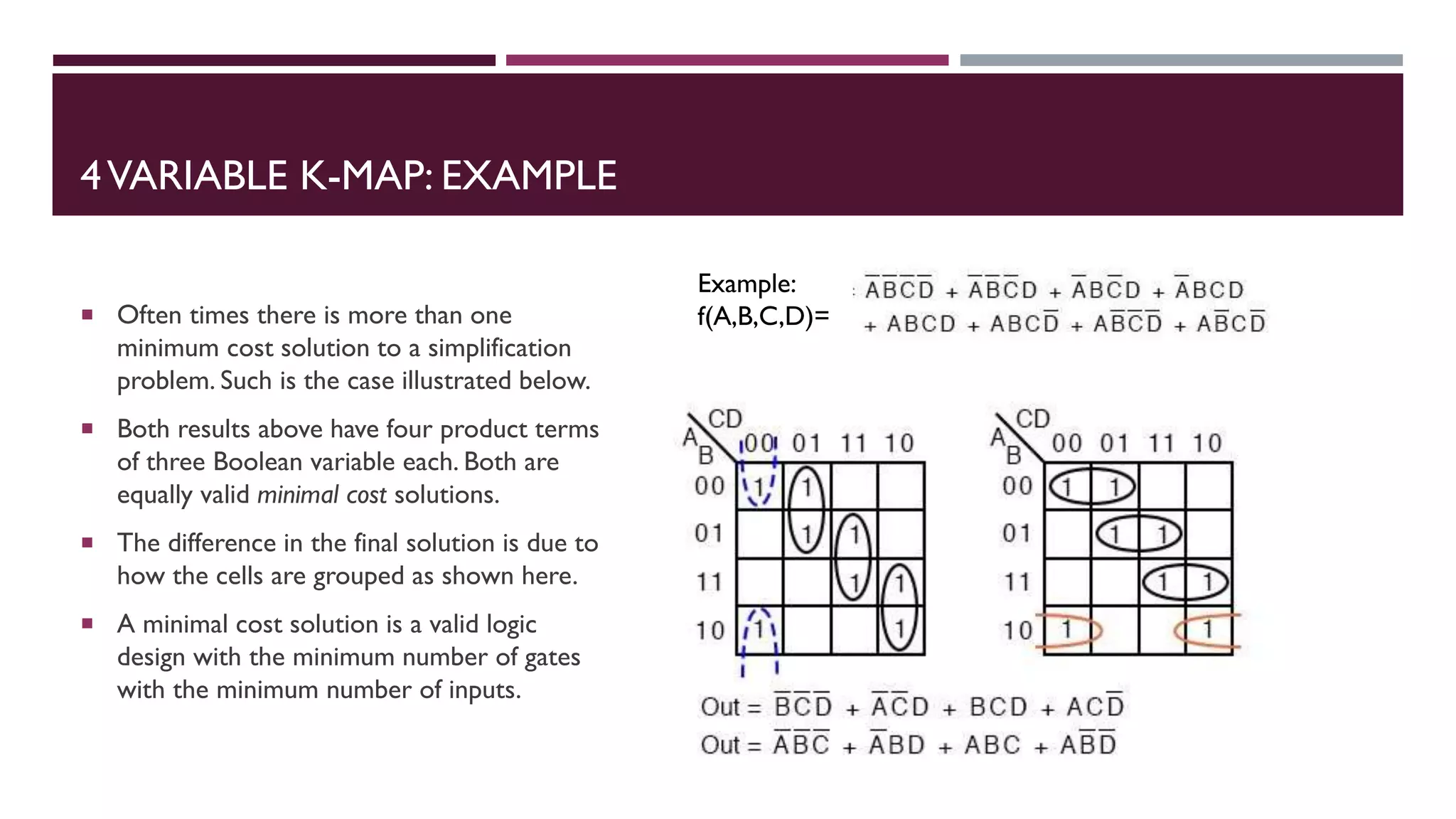 4VARIABLE K-MAP: EXAMPLE
 Often times there is more than one
minimum cost solution to a simplification
problem. Such is the case illustrated below.
 Both results above have four product terms
of three Boolean variable each. Both are
equally valid minimal cost solutions.
 The difference in the final solution is due to
how the cells are grouped as shown here.
 A minimal cost solution is a valid logic
design with the minimum number of gates
with the minimum number of inputs.
Example:
f(A,B,C,D)=
 