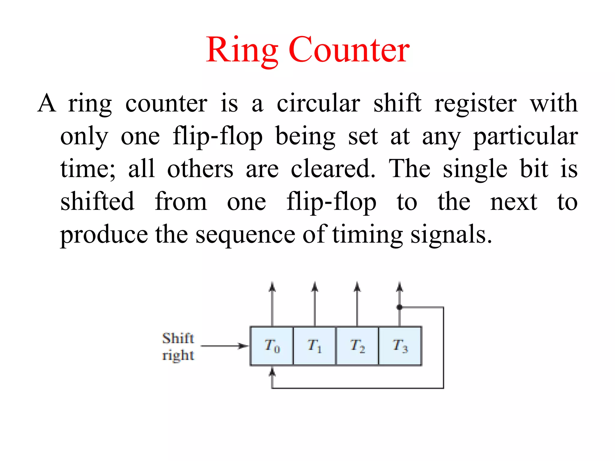 Ring Counter
A ring counter is a circular shift register with
only one flip‐flop being set at any particular
time; all others are cleared. The single bit is
shifted from one flip‐flop to the next to
produce the sequence of timing signals.
 