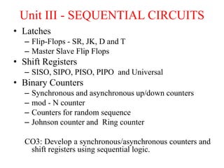 Unit III - SEQUENTIAL CIRCUITS
• Latches
– Flip-Flops - SR, JK, D and T
– Master Slave Flip Flops
• Shift Registers
– SISO, SIPO, PISO, PIPO and Universal
• Binary Counters
– Synchronous and asynchronous up/down counters
– mod - N counter
– Counters for random sequence
– Johnson counter and Ring counter
CO3: Develop a synchronous/asynchronous counters and
shift registers using sequential logic.
 