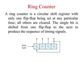 Ring Counter
A ring counter is a circular shift register with
only one flip‐flop being set at any particular
time; all others are cleared. The single bit is
shifted from one flip‐flop to the next to
produce the sequence of timing signals.
 