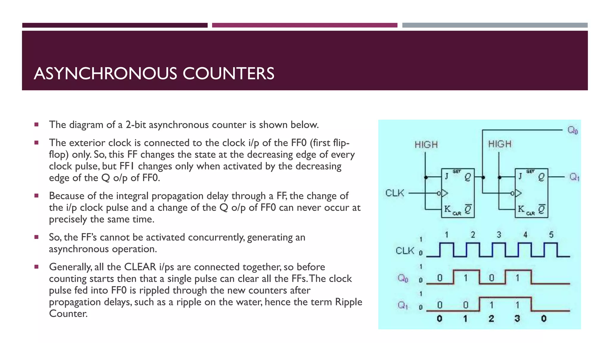 ASYNCHRONOUS COUNTERS
 The diagram of a 2-bit asynchronous counter is shown below.
 The exterior clock is connected to the clock i/p of the FF0 (first flip-
flop) only. So, this FF changes the state at the decreasing edge of every
clock pulse, but FF1 changes only when activated by the decreasing
edge of the Q o/p of FF0.
 Because of the integral propagation delay through a FF, the change of
the i/p clock pulse and a change of the Q o/p of FF0 can never occur at
precisely the same time.
 So, the FF’s cannot be activated concurrently, generating an
asynchronous operation.
 Generally, all the CLEAR i/ps are connected together, so before
counting starts then that a single pulse can clear all the FFs.The clock
pulse fed into FF0 is rippled through the new counters after
propagation delays, such as a ripple on the water, hence the term Ripple
Counter.
 