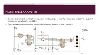 PRESETTABLE COUNTER
 Counter that can start counting from any preset number, using a counter IC with a preset function.The output of
this counter is displayed by four LEDs.
 Figure shows the decimal number for each of the outputs displayed in binary numbers.
 