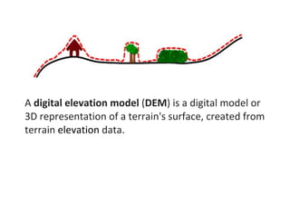 A digital elevation model (DEM) is a digital model or
3D representation of a terrain's surface, created from
terrain elevation data.
 