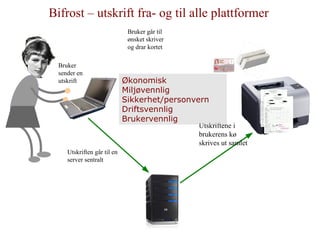 Bifrost – utskrift fra- og til alle plattformer Bruker går til ønsket skriver og drar kortet Bruker sender en utskrift Økonomisk 