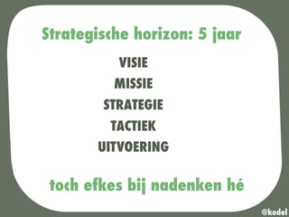 Strategische horizon: 5 jaar
@kodel
VISIE
MISSIE
STRATEGIE
TACTIEK
UITVOERING
toch efkes bij nadenken hé
 