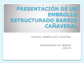 PRESENTACIÓN DE UN 
EMBROLLO 
ESTRUCTURADO BARRIO 
CAÑAVERAL 
CAUSAS, EMBROLLOS Y DILEMAS 
UNIVERSIDAD DE IBAGUÉ 
2014 B 
 