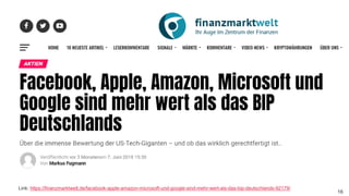 Ringvorlesung Nachhaltigkeit in Design und Kunst: Digitale Nachhaltigkeit
166. November 2019 – Dr. Matthias Stürmer, Forschungsstelle Digitale Nachhaltigkeit
Link: https://finanzmarktwelt.de/facebook-apple-amazon-microsoft-und-google-sind-mehr-wert-als-das-bip-deutschlands-92179/
 