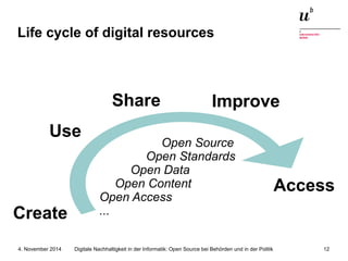 Life cycle of digital resources 
Use 
Create 
Share Improve 
Access 
Open Source 
Open Standards 
Open Data 
Open Content 
Open Access 
... 
Digitale Nachhaltigkeit in der Informatik: Open Source bei Behörden 4. November 2014 und in der Politik 12 
 