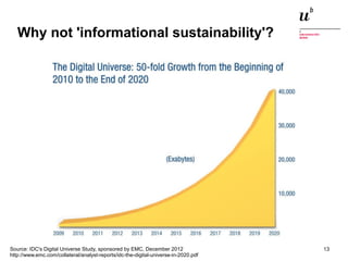 Why not 'informational sustainability'? 
Source: IDC's Digital Universe Study, sponsored by EMC, December 2012 
http://www.emc.com/collateral/analyst-reports/idc-the-digital-universe-in-2020.pdf 
Digitale Nachhaltigkeit in der Informatik: Open Source bei Behörden 4. November 2014 und in der Politik 13 
 