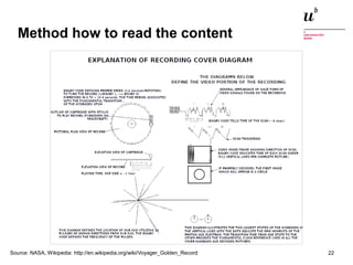 Method how to read the content 
Source: NASA, Wikipedia: http://en.wikipedia.org/wiki/Voyager_Golden_Record 
Digitale Nachhaltigkeit in der Informatik: Open Source bei Behörden 4. November 2014 und in der Politik 22 
 