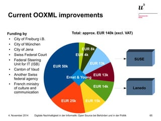 Current OOXML improvements 
EUR 50k 
Total: approx. EUR 140k (excl. VAT) 
EUR 8k 
EUR 13k 
EUR 4k 
Ernst & Young 
SUSE 
Lanedo 
Funding by 
● City of Freiburg i.B. 
● City of München 
● City of Jena 
● Swiss Federal Court 
● Federal Steering 
Unit for IT (ISB) 
● Canton of Vaud 
● Another Swiss 
federal agency 
● French ministry 
of culture and 
communication 
EUR 13k 
EUR 14k 
EUR 15k 
EUR 25k 
Digitale Nachhaltigkeit in der Informatik: Open Source bei Behörden 4. November 2014 und in der Politik 65 
 