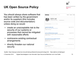 UK Open Source Policy 
You should always share software that 
has been written by the government 
and/or its suppliers (this includes 
source code and documentation) 
unless doing so would: 
● create an unacceptable risk to the 
security of our systems or 
processes that cannot be mitigated 
with reasonable efforts 
● contravene existing contractual 
arrangements 
● directly threaten our national 
security 
Quellen: https://www.gov.uk/service-manual/making-software/choosing-technology.html https://github.com/alphagov/ 
Digitale Nachhaltigkeit in der Informatik: Open Source bei Behörden 4. November 2014 und in der Politik 73 
 