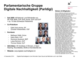 Parlamentarische Gruppe 
Digitale Nachhaltigkeit (Parldigi) 
● Seit 2009: 49 National- und Ständeräte aus 
SP, FDP, BDP, CVP, SVP, Grüne, GLP und EVP 
= ca. 1/5 des Schweizer Parlaments 
● Co-Präsidium 
– Edith Graf-Litscher, SP 
– Christian Wasserfallen, FDP 
● Kernteam 
– Balthasar Glättli, Grüne 
– Kathy Riklin, CVP 
– Rosmarie Quadranti, BDP 
– Lukas Reimann, SVP 
– Thomas Weibel, GLP 
● Aktivitäten: 35 Vorstösse, 6 Dinners, 2 Open 
Hearing, Roundtables, Briefe an Bundesräte etc. 
● Website: www.digitale-nachhaltigkeit.ch 
Weitere 42 Mitglieder: 
Alec von Graffenried, Nationalrat Grüne Kt. Bern 
Barbara Schmid-Federer, Nationalrätin CVP Kt. Zürich 
Barbara Gysi, Nationalrätin SP Kt. St. Gallen 
Beat Flach, Nationalrat GLP Kt. Aargau 
Bernhard Guhl, Nationalrat BDP Kt. Aarau 
Brigitte Häberli-Koller, Nationalrätin CVP Kt. Thurgau 
Carlo Sommaruga, Nationalrat SP Kt. Genf 
Cédric Wermuth, Nationalrat SP Kt. Aargau 
Claude Janiak, Ständerat SP Kt. Basel-Landschaft 
Evi Allemann, Nationalrätin SP Kt. Bern 
Felix Gutzwiller, Ständerat FDP Kt. Zürich 
Francine John-Calame, Nationalrätin Grüne Kt. NE 
Franziska Teuscher, Nationalrätin Grüne Kt. Bern 
Geri Müller, Nationalrat Grüne Kt. Aargau 
Hans Altherr, Ständerat FDP Kt. Appenzell Ausserrhoden 
Hugues Hiltpold, Nationalrat FDP Kt. Genf 
Ignazio Cassis, Nationalrat FDP Kt. Tessin 
Isabelle Chevalley, Nationalrätin GLP Kt. Waadt 
Jacqueline Badran, Nationalrätin SP Kt. Zürich 
Jacques Neirynck, Nationalrat CVP Kt. Waadt 
Jean Christophe Schwaab, Nationalrat SP Kt. Waadt 
Karl Vogler, Nationalrat CVP Kt. Obwalden 
Kathrin Bertschy, Nationalrätin GLP Kt. Bern 
Liliane Maury Pasquier, Ständerätin SP Kt. Genf 
Lothar Ziörjen, Nationalrat BDP Kt. Zürich 
Louis Schelbert, Nationalrat Grüne Kt. Luzern 
Luc Recordon, Ständerat Grüne Kt. Waadt 
Maja Ingold, Nationalrätin EVP Kt. Zürich 
Maria Roth-Bernasconi, Nationalrätin SP Kt. Genf 
Marianne Streiff-Feller, Nationalrätin EVP Kt. Bern 
Matthias Aebischer, Nationalrat SP Kt. Bern 
Nadine Masshardt, Nationalrätin SP Kt. Bern 
Philipp Hadorn, Nationalrat SP Kt. Solothurn 
Raphaël Comte, Ständerat FDP Kt. Neuenburg 
Roland Fischer, Nationalrat GLP Kt. Luzern 
Silvia Semadeni, Nationalrätin SP Kt. Graubünden 
Sylvia Flückiger-Bäni, Nationalrätin SVP Kt. Aargau 
Thomas Aeschi, Nationalrat SVP Kt. Zug 
Thomas Hardegger, Nationalrat SP Kt. Zürich 
Ursula Schneider Schüttel, Nationalrätin SP Kt. Fribourg 
Yannik Buttet, Nationalrat CVP Kt. Wallis 
Yvonne Gilli, Nationalrätin Grüne Kt. St. Gallen 
Digitale Nachhaltigkeit in der Informatik: Open Source bei Behörden 4. November 2014 und in der Politik 82 
 