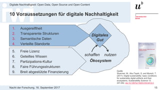 Nacht der Forschung, 16. September 2017
Digitale Nachhaltigkeit: Open Data, Open Source und Open Content
15
10 Voraussetzungen für digitale Nachhaltigkeit
Ökosystem
Digitales
Gut
1. Ausgereiftheit
2. Transparente Strukturen
3. Semantische Daten
4. Verteilte Standorte
schaffen nutzen
5. Freie Lizenz
6. Geteiltes Wissen
7. Partizipations-Kultur
8. Faire Führungsstrukturen
9. Breit abgestützte Finanzierung Quelle:
Stuermer, M., Abu-Tayeh, G. and Myrach, T.
(2017). Digital sustainability: basic conditions
for sustainable digital artifacts and their
ecosystems, Sustainability Science 12:
247-262. doi:10.1007/s11625-016-0412-2
 