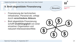 Nacht der Forschung, 16. September 2017
Digitale Nachhaltigkeit: Open Data, Open Source und Open Content
25
9. Breit abgestützte Finanzierung
> Finanzierung der technischen
Infrastruktur, Personal etc. erfolgt
durch verschiedene Akteure
> Breit abgestützte Finanzierung
schafft Unabhängigkeit von einer
einzelnen Organisation und
reduziert Interessenskonflikte
Ökosystem
 