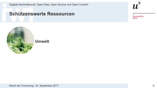 Nacht der Forschung, 16. September 2017
Digitale Nachhaltigkeit: Open Data, Open Source und Open Content
6
Schützenswerte Ressourcen
Umwelt
 