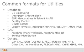 Common formats for Utilities
 Database
 GE Smallworld
 Intergraph G/Technology
 ESRI Geodatabase & Telvent ArcFM
 Bentley Electric
 Oracle Spatial
 Legacy formats: Intergraph FRAMME, VISION* (AUD), MGE
 CAD
 AutoCAD (many versions), AutoCAD Map 3D
 Bentley MicroStation
 Others…
 CIM XML, JSON (CGI M3i ), ASCII (Oracle NMS MP ),
Other XML i.e. MultiSpeak, PLSCad (XML), CYME, GME, KML
 