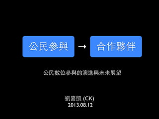公民數位參與的演進與未來展望
公民參與 合作夥伴→
劉嘉凱 (CK)
2013.08.12
 