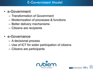 •e-Government 
–Transformation of Government 
–Modernization of processes & functions 
–Better delivery mechanisms 
–Citizens are recipients 
•e-Governance 
–A decisional process 
–Use of ICT for wider participation of citizens 
–Citizens are participants 
E-Government Model  