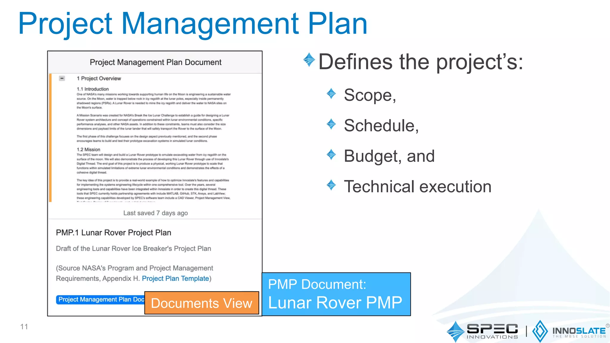 Defines the project’s:
Scope,
Schedule,
Budget, and
Technical execution
11
Documents View
PMP Document:
Lunar Rover PMP
Project Management Plan
 